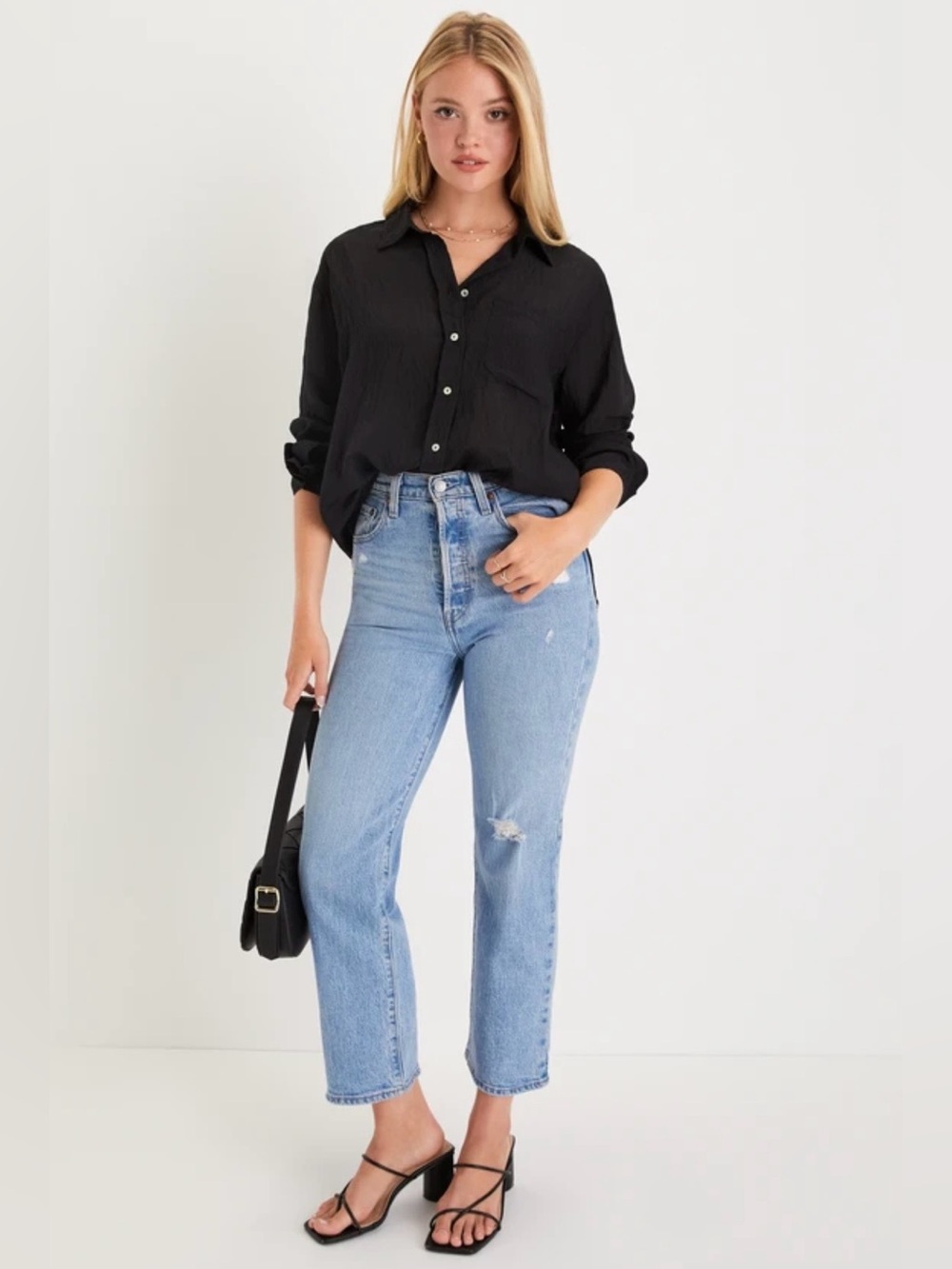 Lulus - Modern Sensibility Black Long Sleeve Button-Up Top - Size M